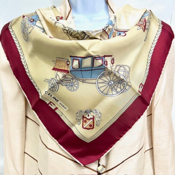 Unused Celine Paris Scarf  100% Silk  34" Gold Tan Brgendy Carriage Horses (39) - Picture 5 of 13
